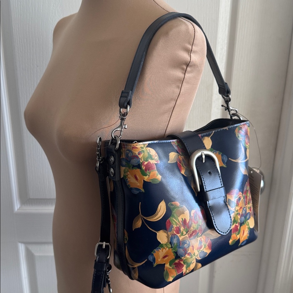 Patricia Nash Irving Bucket Crossbody Bag Distress Le Fleur Leather Black Blue - Picture 4 of 13